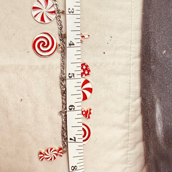 Handcrafted Candy Cane Peppermint Charm Bracelet Holiday Enamel Red White Gold - Picture 7 of 8